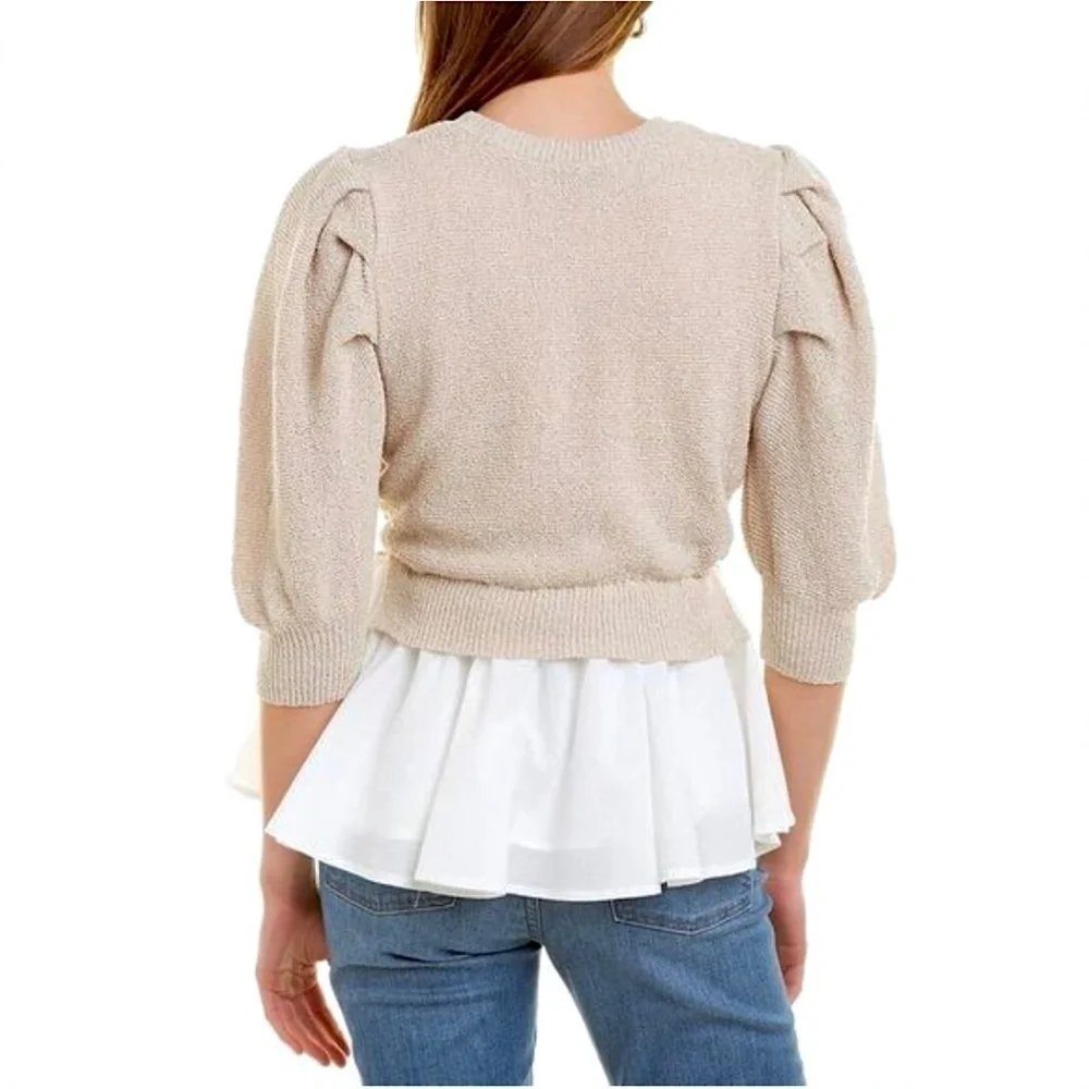 EN SAISON Mixed Media Puff Sleeve Top in Natural